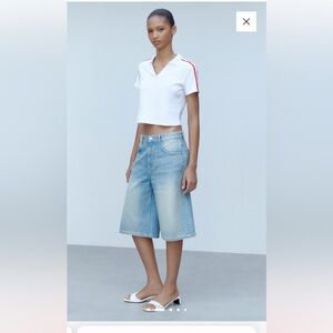 Mango White Polo crop top tshirt with Red Shoulder Stripes